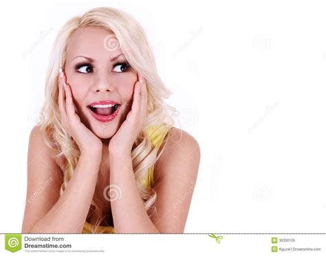 happy excited woman looking up and screaming cheerful beautiful blonde