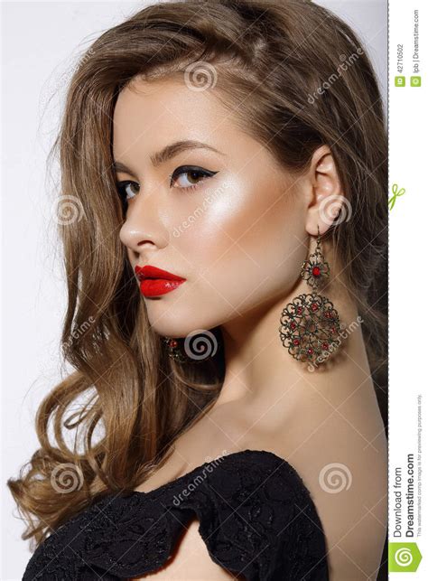 Profile Of Respectable Classy Brunette With Earrings Stock