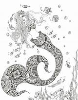 Coloring Mermaid Adult Pages Mermaids Fish Adults Sea Colouring Book Color sketch template