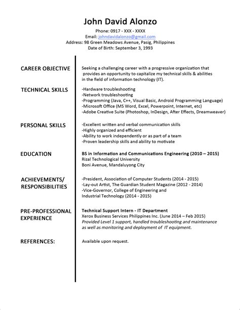 objective  resume sample resume format  fresh graduates single