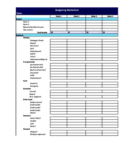 sample weekly budget