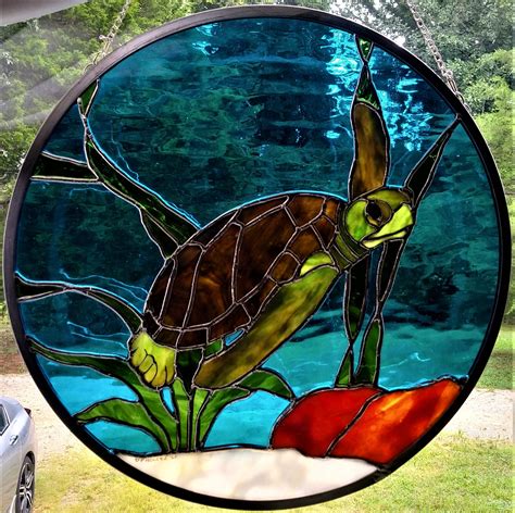 stained glass sea turtle pattern  water oak glass art