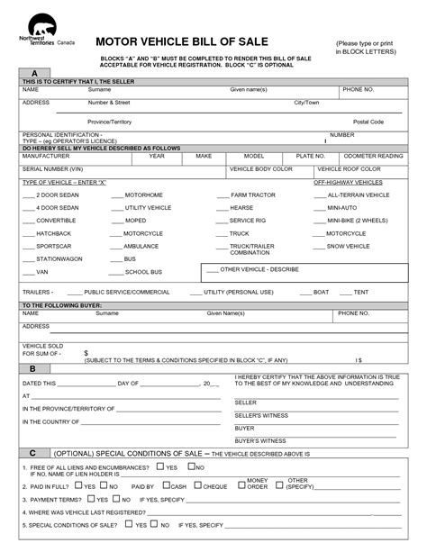 printable vehicle bill  sale template form generic