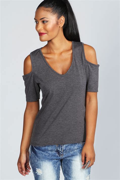 Boohoo Womens Ladies Carly Cold Shoulder V Neck Top T