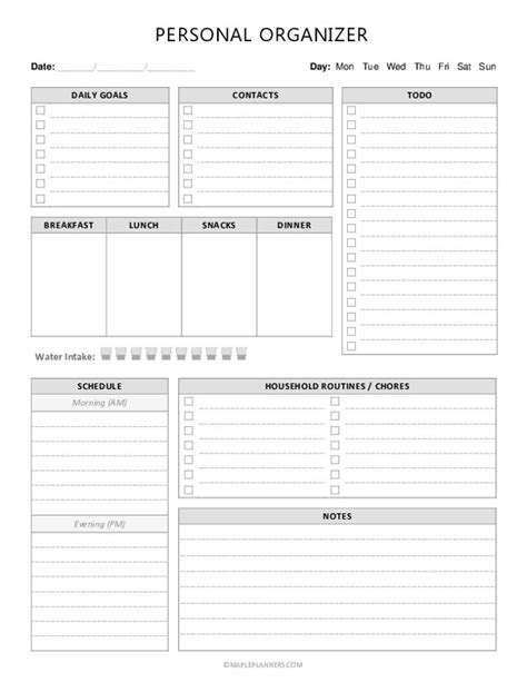 printable personal organizer template