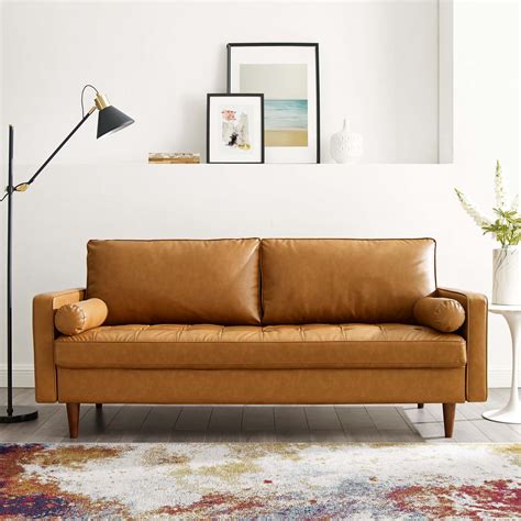valour upholstered faux leather sofa  tan  modway