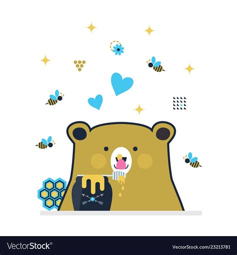 Blue And Golden Cute Little Bear Licking Honey Vector Image