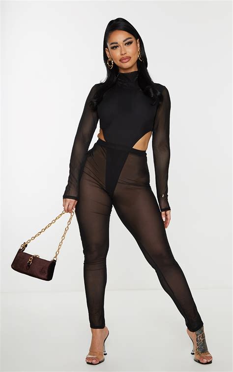 shape black mesh high leg long sleeve bodysuit prettylittlething