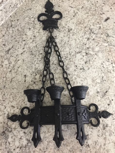 1967 Sexton Black Wrought Iron Wall Chain 3 Candle Sconce Candelabra