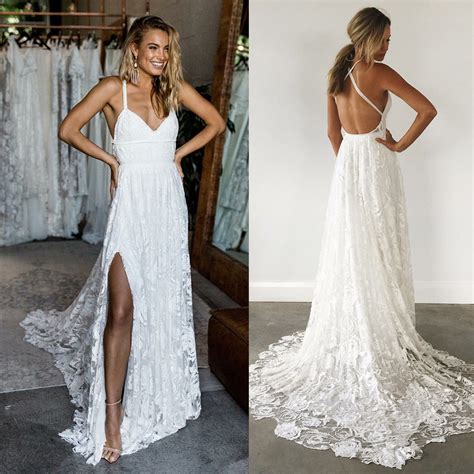 Berylove Sexy Beach Ivory Lace Wedding Dresses With Slit