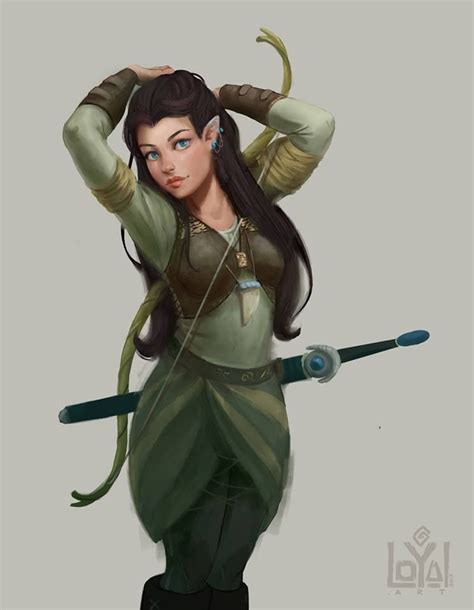 female half elf ranger long black hair longbow longsword character