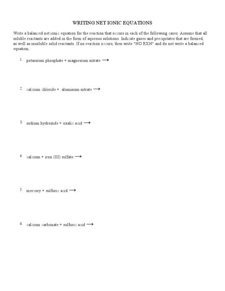 writing net ionic equations worksheet   higher ed lesson planet