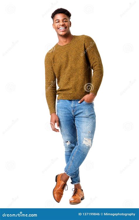 full body stylish young african american man smiling  isolated white background stock
