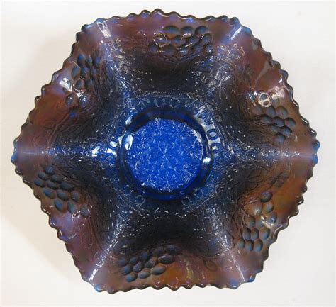 Antique Fenton Cobalt Blue Leaf Chain Carnival Glass 6 Ruffle Bowl
