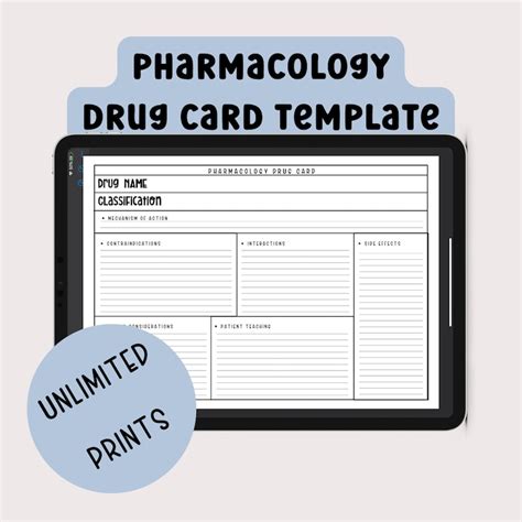 drug card printable pharmacology template nursing school etsy