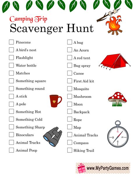 printable camping scavenger hunt games