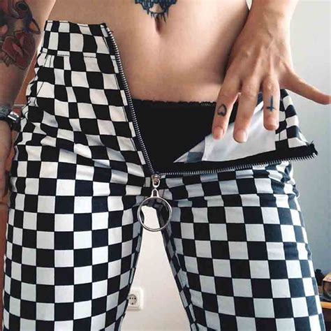 White Black Checkerboard Plaid Long Women Pants Front Zipper Back