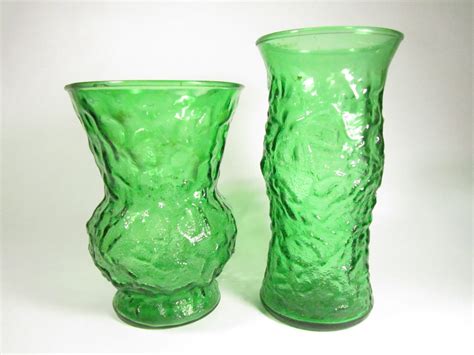 Set Of 2 Vintage E O Brody Green Vases Emerald Crinkle Glass Etsy