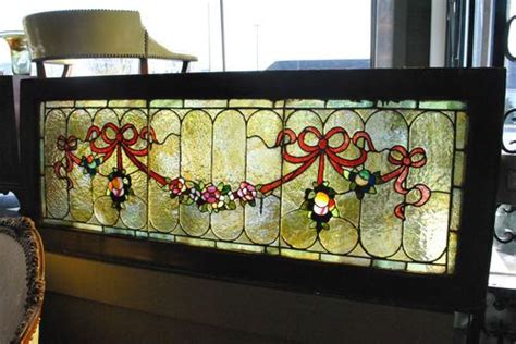 Antique Victorian Stained Glass Transom Window With Fruit And Flowers