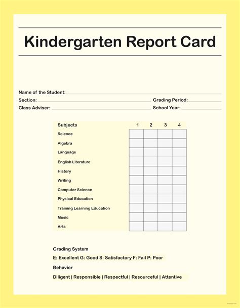 kindergarten report card template kindergarten