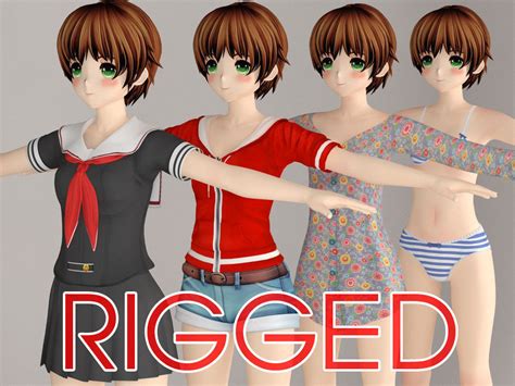 T Pose Riged Model Of Hinata Anime Girl Shortpants Rigged
