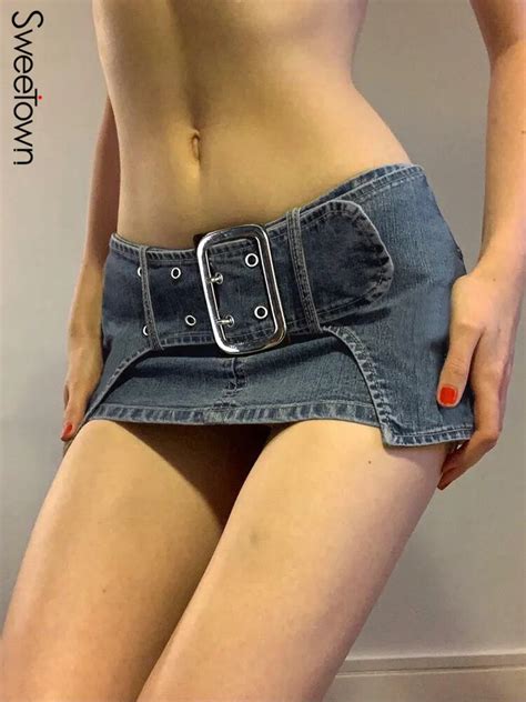 sweetown blue low waist casual belt denim skirt chic fashion hot summer