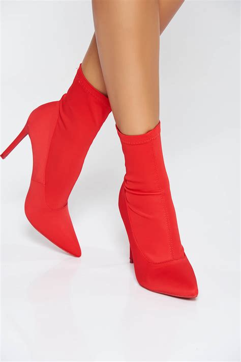 red casual ankle boots  high heels  satin fabric texture slightly pointed toe tip