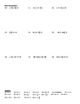 solving absolute  equations worksheet algebra  answers