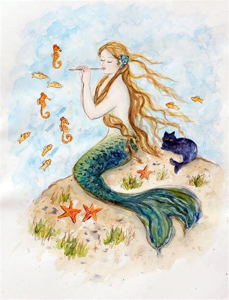 mermaid card  mermaid art beach art  original etsy