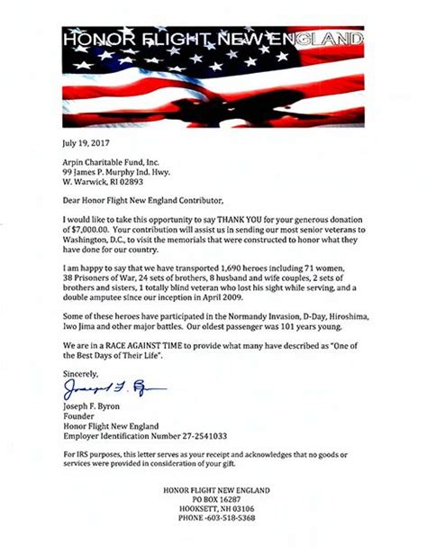 letter  honor flight  england thanking  arpin charitable fund