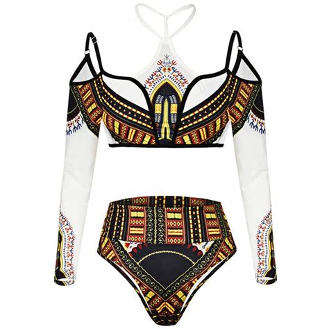 african dashiki print high waist bikini swimsuit long sleeve thong