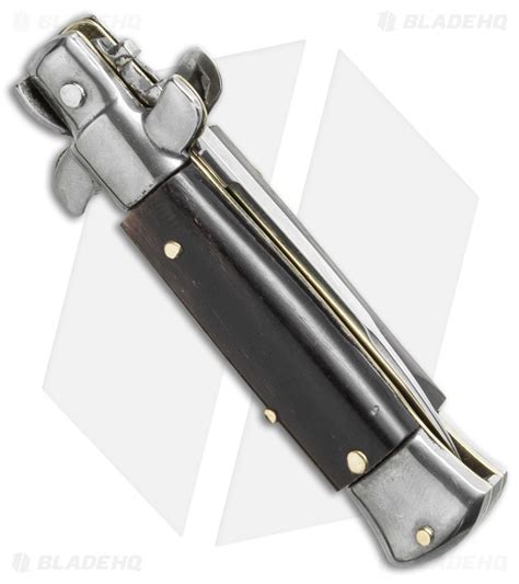 skm  italian mini stiletto automatic knife dark horn  satin swedge blade hq