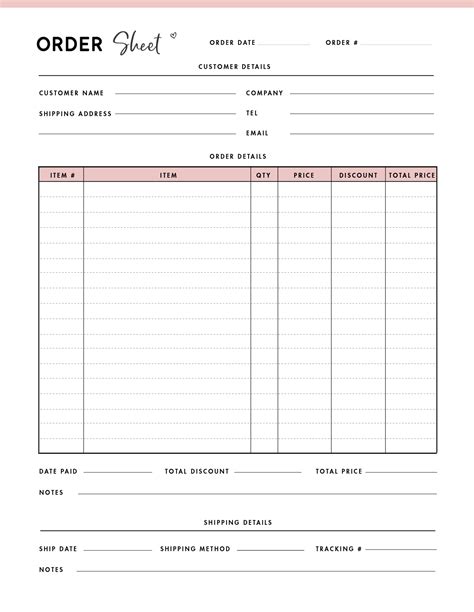 printable product order form template printable templates