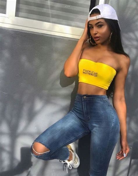 Graphic Yellow Tube Top Dark Blue Ripped Jeans Black