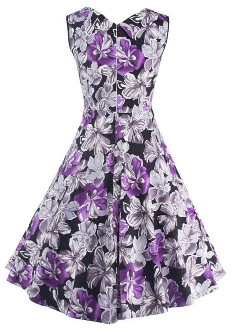 purple floral print  neck sleeveless knee length vintage midi dress vintage midi dresses
