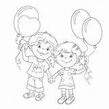 Balloons Outline Coloring Girls Cartoon Holding Kids Stock Illustration Preview sketch template