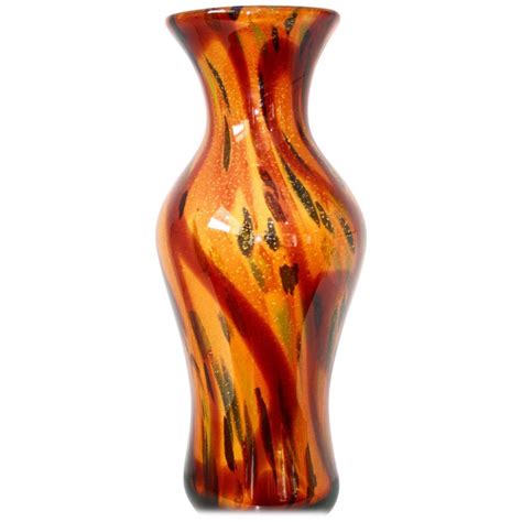 Murano 1960s Art Glass Vase With Swirls Of Orange Red