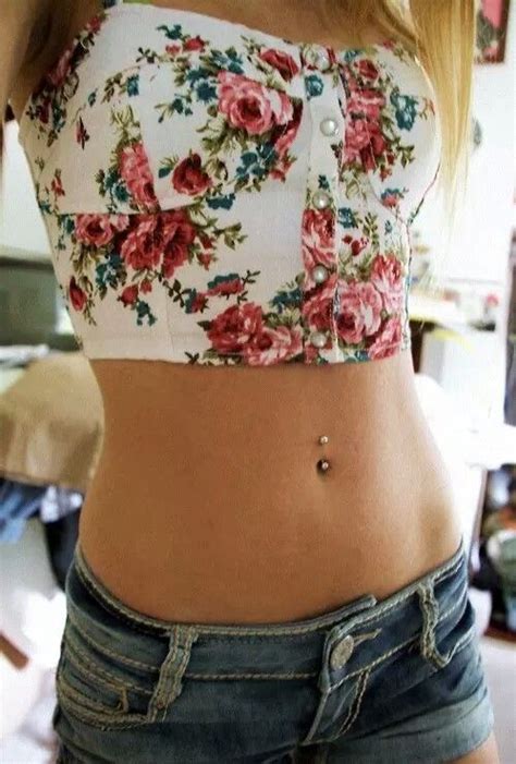 Floral Crop Tops Belly Button Rings Belly Shirts