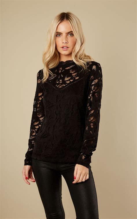black lace long sleeve top vila silkfred  lace top outfits black lace top outfit black