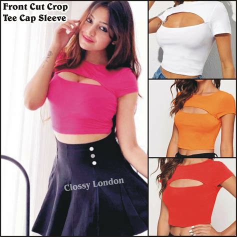 T Shirt With Cut Out Crop Tee Cap Tshirt Cleavage Cutout Top Sexy Front