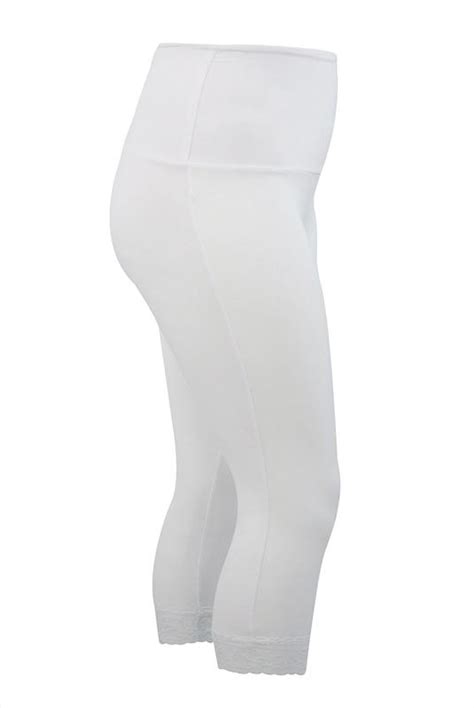 white tummy control cropped leggings with lace trim plus size 14 16 18 20 22 24 26 28 30 32