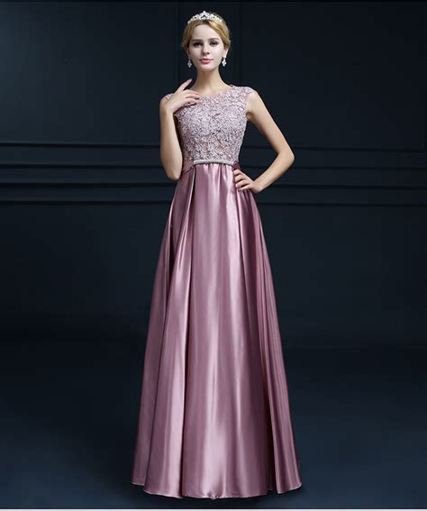 elegant o neck sleeveless a line purple pink satin prom dress 2016 long robe bal de promo with