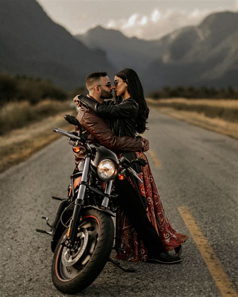 edgy vancouver couple takes harley motorcycle for a spin at engagement