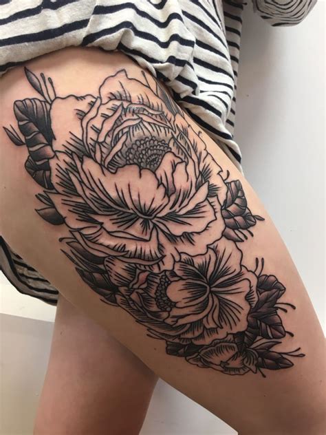 Girly Flower Tattoo Design For Leg Thigh