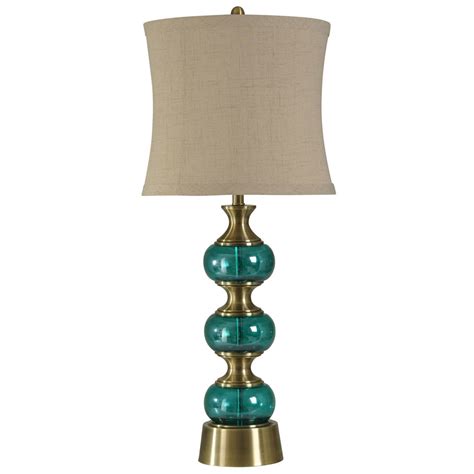 Brass And Teal Glass Table Lamp Natural Linen Shade