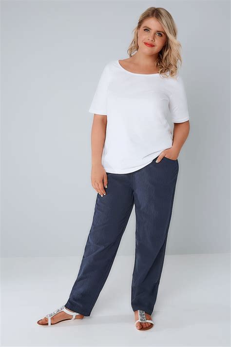 navy cool cotton pull on wide leg trousers with pockets