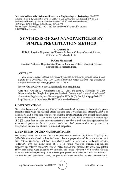 synthesis  zno nanoparticles  simple precipitation method
