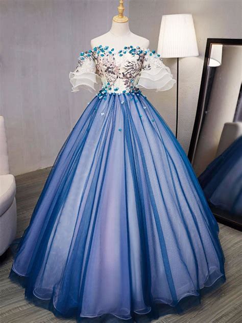 ball gown prom dresses royal blue  ivory hand  flower prom dres