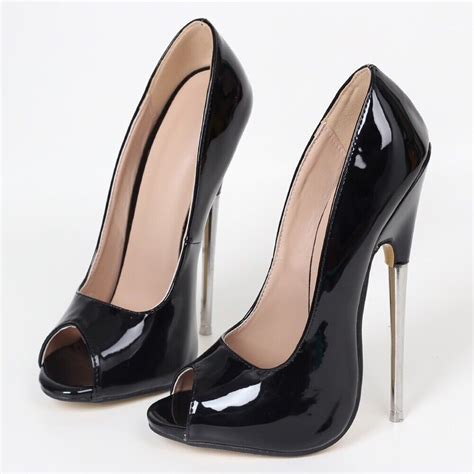 extreme high heel metal peep toe court  cm black stiletto pump fetish uk  ebay