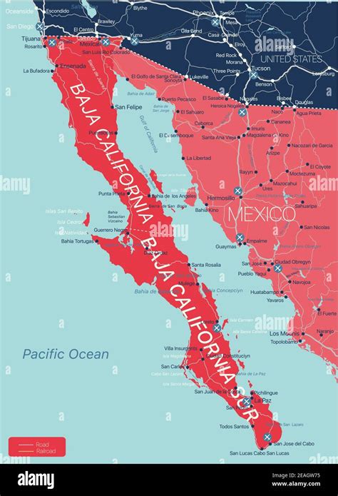 baja california region detailed editable map with cities and towns